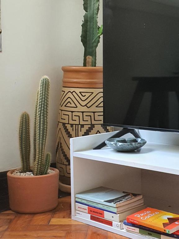 un monitor de ordenador sentado en un estante blanco con cactus en Apartamento 4 quartos 500m Arpoador, en Río de Janeiro