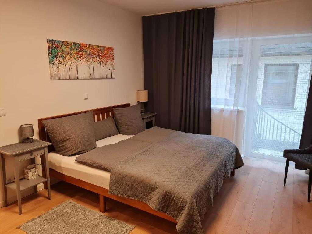 sypialnia z łóżkiem i oknem w obiekcie City Pension Zwickau w mieście Zwickau