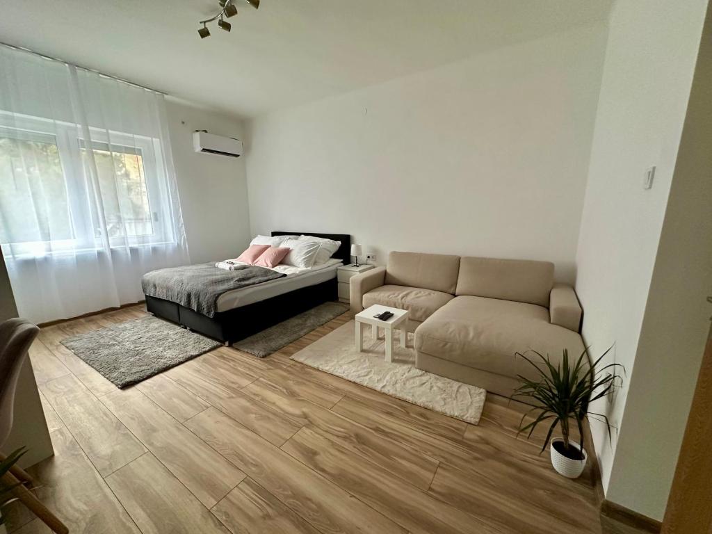 ein Wohnzimmer mit einem Sofa und einem Tisch in der Unterkunft Mate Gold Apartment in Szeged