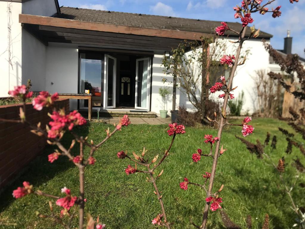 a house with pink flowers in the yard at Ferienhaus Seeblick in Breitenbrunn