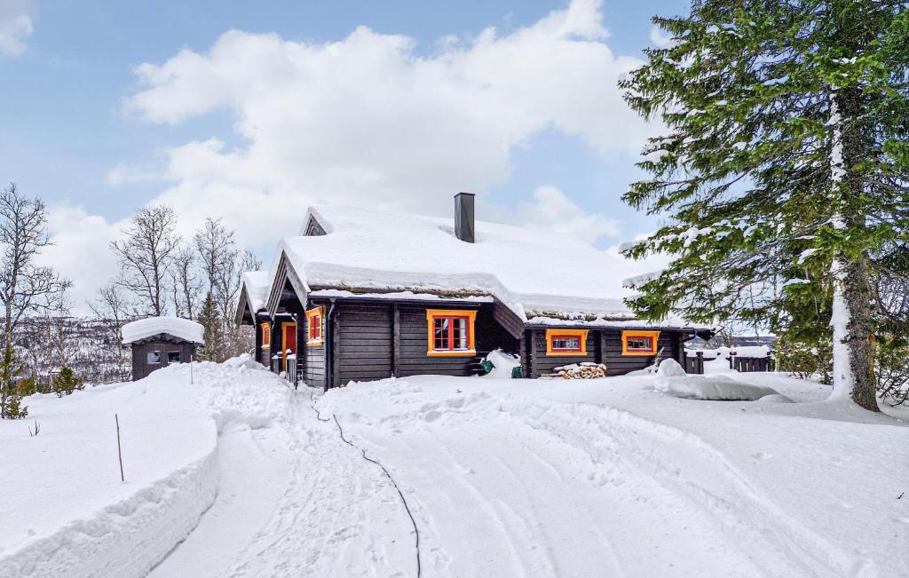 una casa cubierta de nieve frente a una entrada en 4 Bedroom Pet Friendly Home In Tydal en Tydal