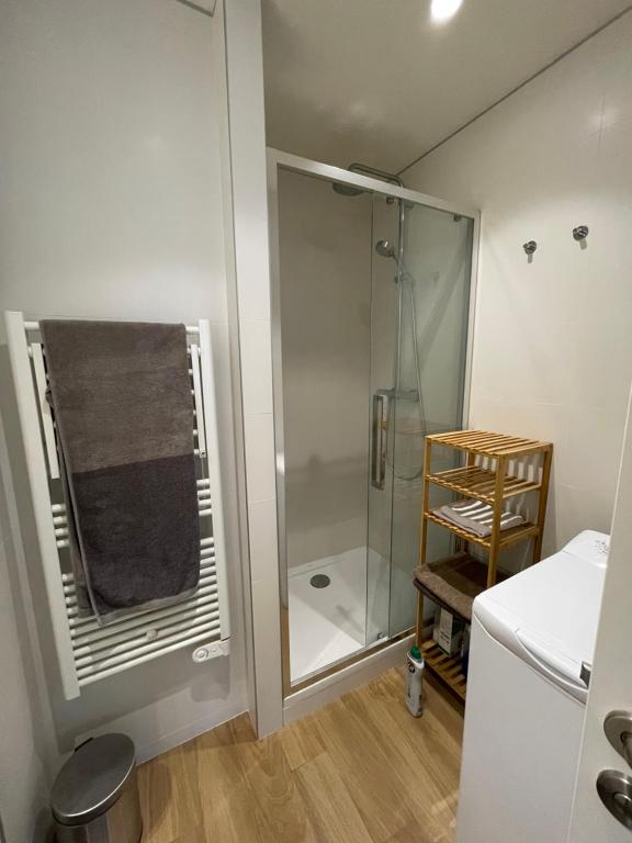 a bathroom with a shower with a glass door at Les Belles Feuilles Appartement in Paris
