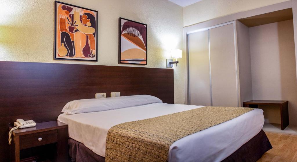 um quarto de hotel com uma cama e duas fotografias na parede em Hotel Tudanca-Aranda II em Aranda de Duero