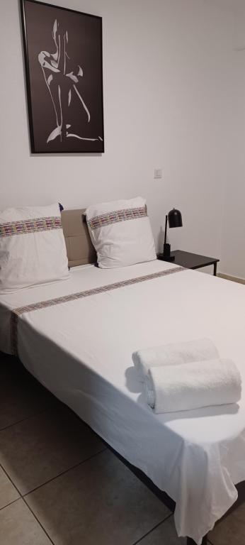 a large bed with white sheets and a picture on the wall at NANA A33 Appartement 2 Chambres Climatisées cuisine équipée Netflix in Cayenne