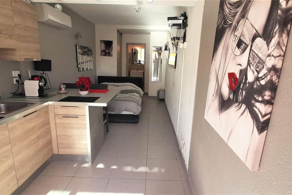 - une cuisine avec évier et un lit dans une chambre dans l'établissement Studio 313, Port Nature 3 au village naturiste, au Cap d'Agde