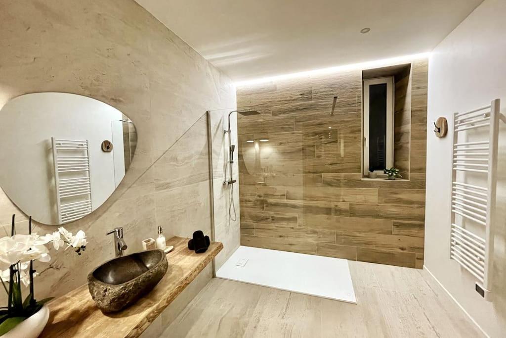 łazienka z umywalką i dużym lustrem w obiekcie Cosy ANELA w mieście Saint-Claude