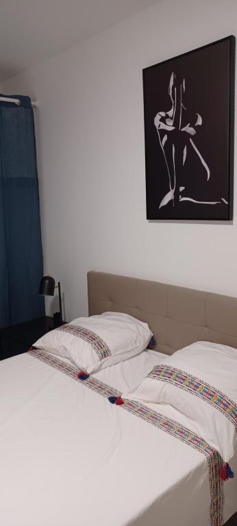 two beds with white sheets and a picture on the wall at NANA A33 Appartement 2 Chambres Climatisées cuisine équipée Netflix in Cayenne