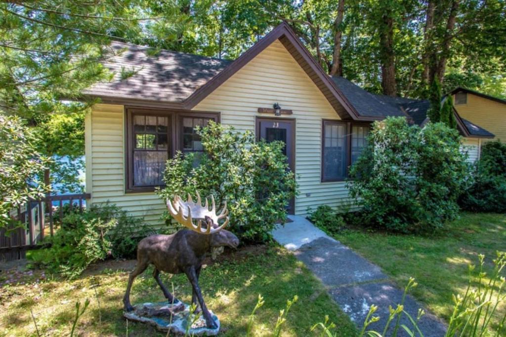 a statue of a deer in front of a house at Moose Manor- Squam Waterfront in Holderness