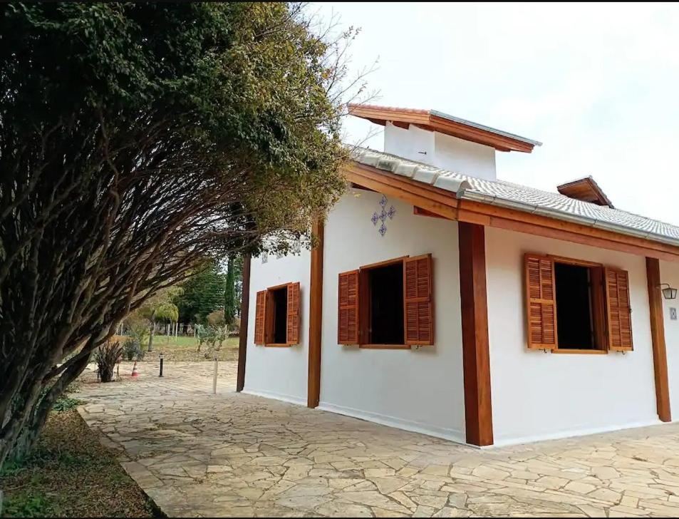 a white building with brown shuttered windows and a tree at Fazenda e Vinícola ABN in Andrelândia
