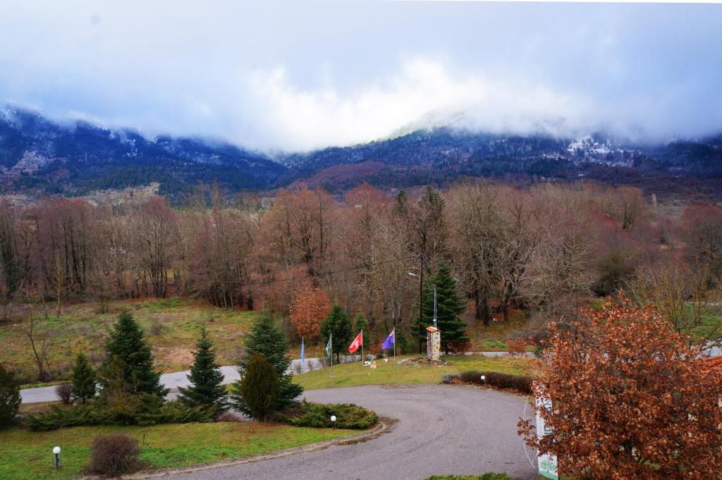 un camino sinuoso con una montaña en el fondo en Melegos Inn Hotel, en Karpenisi