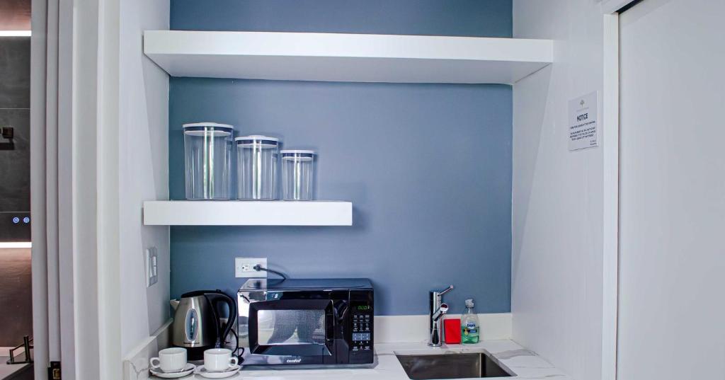 a kitchen with a counter with a coffee maker and a microwave at The Palms Resort in Saint James