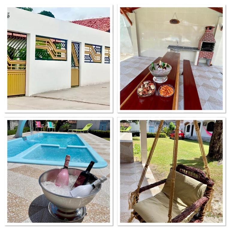 a collage of pictures of a pool with a bottle of wine at Casa Relaxante in Salinópolis