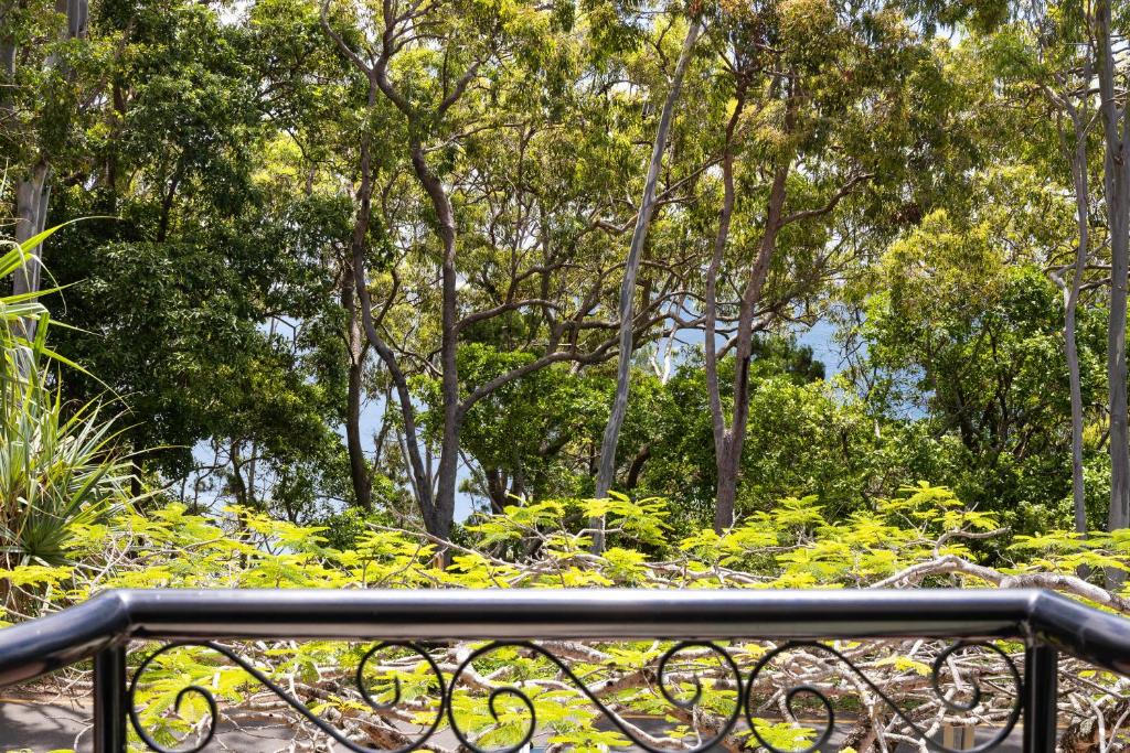 a black metal railing with yellow flowers and trees at Bayona Apartment 2, Little Cove in Noosa Heads