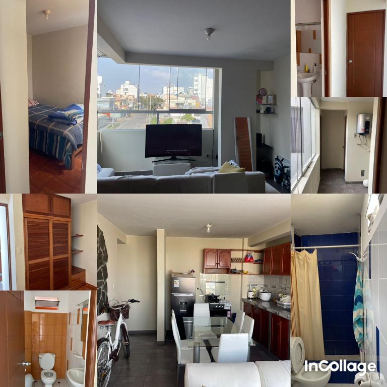 un collage de fotos de una cocina y una sala de estar en Habitación amoblada dentro de departamento amoblado tipo roommate, en Lima
