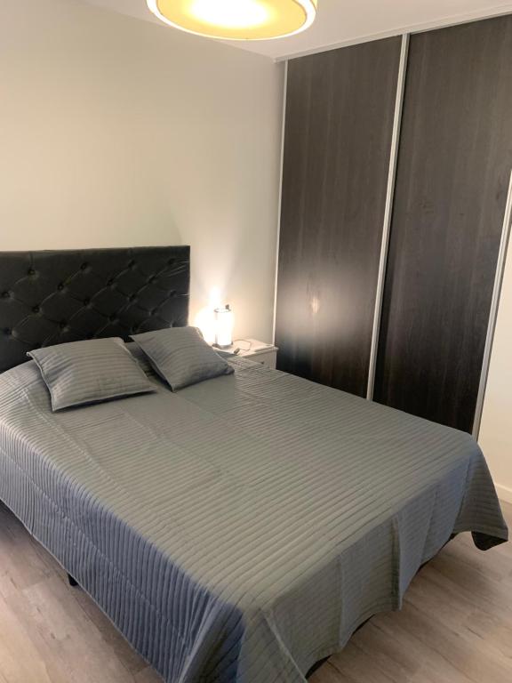 a bedroom with a large bed with a black headboard at Villa Edén Departamento 1 Dormitorio con Cochera in La Falda