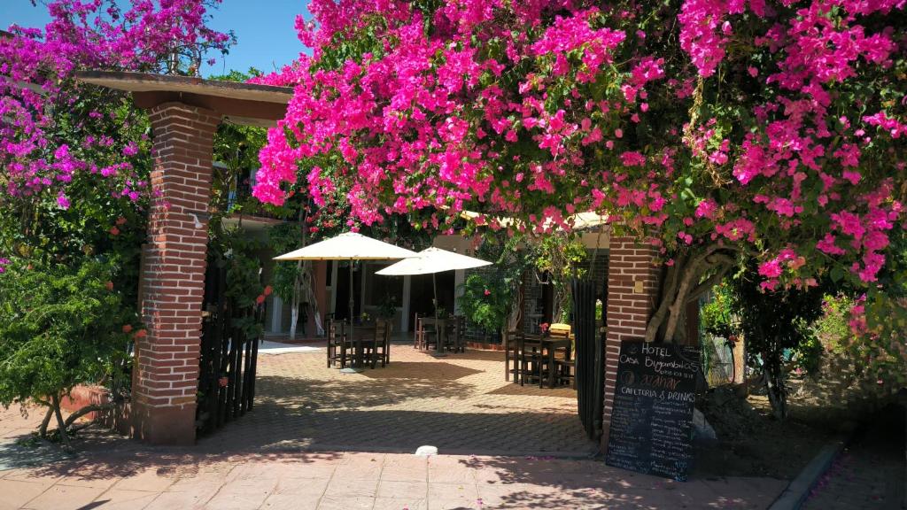 希伯萊特沙灘的住宿－Casa Bugambilias，拱门,上面有粉红色的花,桌子和雨伞