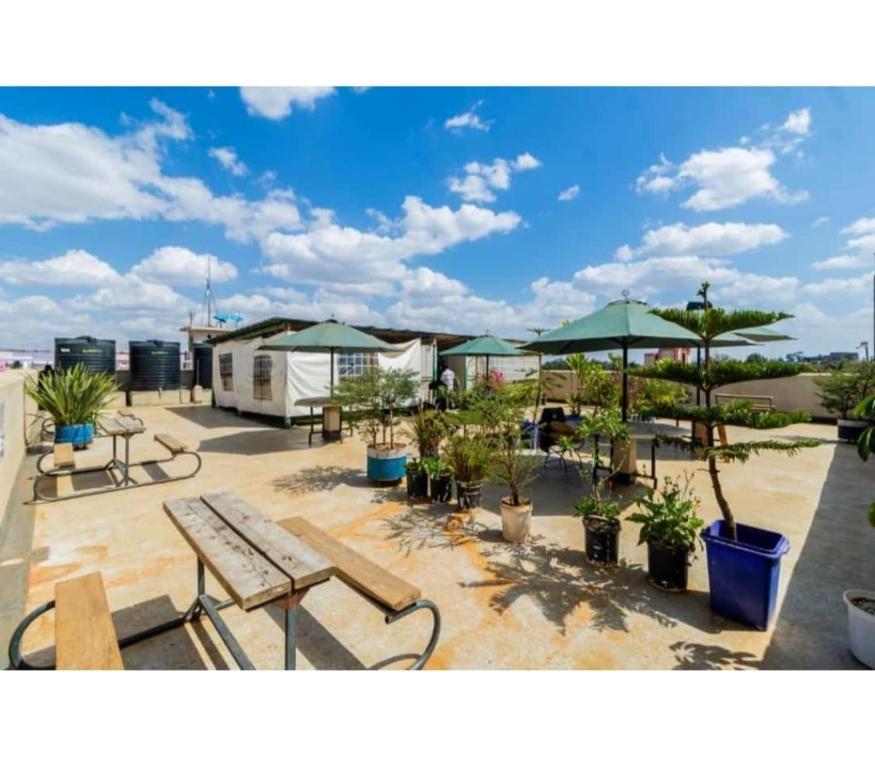 eine Terrasse mit Bänken, Sonnenschirmen und Topfpflanzen in der Unterkunft Luxe Oasis in Nairobi