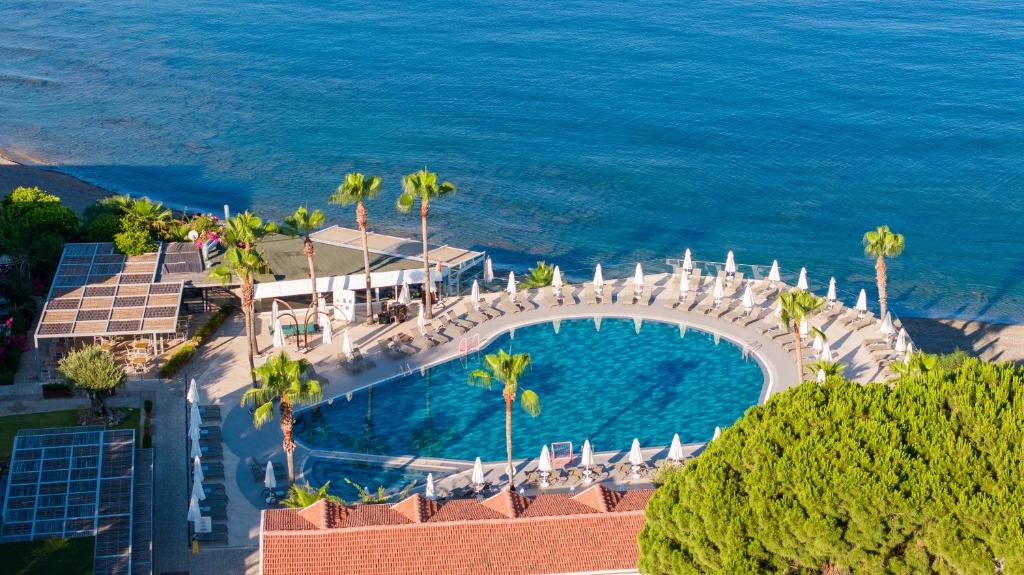 una vista aérea de una piscina junto al océano en Flora Garden BEACH - Couples Concept - Adults over 16 Only, en Kızılot