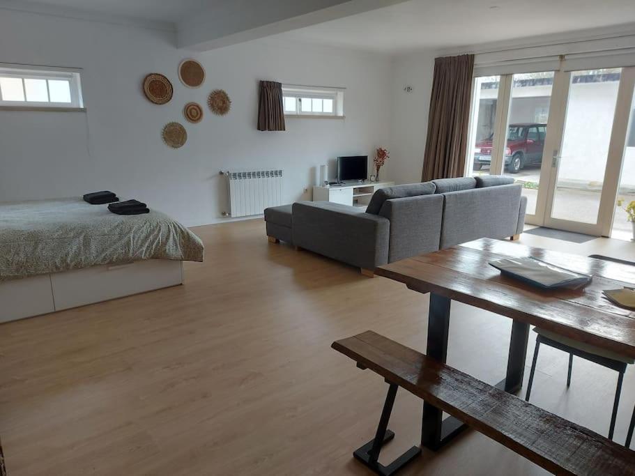 een woonkamer met een bank en een tafel bij Comfortabel downstairs appartment close to Coimbra in Vila Nova de Poiares