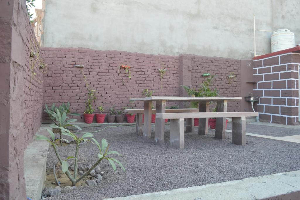 dois bancos sentados ao lado de uma parede de tijolos com plantas em Zojila hut em Jodhpur