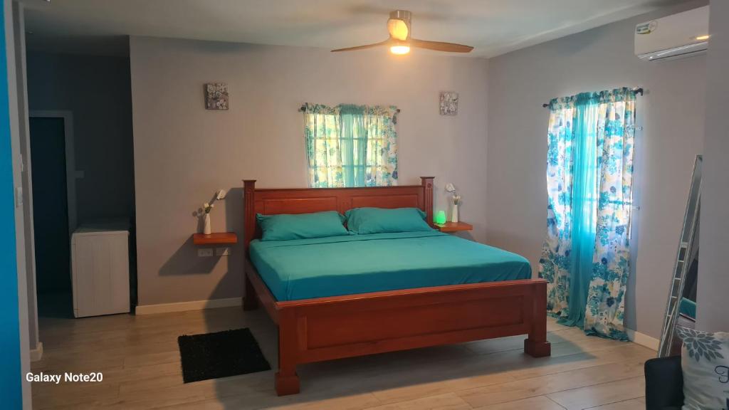 Schlafzimmer mit einem Bett mit blauer Bettwäsche und einem Ventilator in der Unterkunft Coconut Creek Apartments Beautiful Spacious Studio in Hyde Park