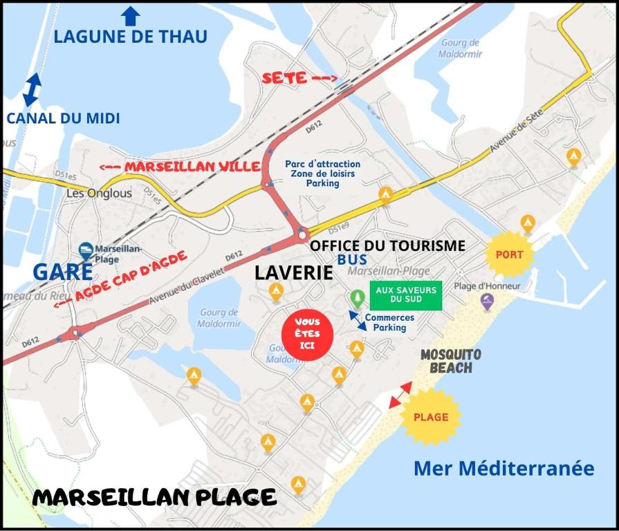 a map of the marbella place at Résidence Le SUNSET Marseillan-plage, entre mer, canal du midi et lagune de Thau, étape vélo, famille, couple, VRP, toutou admis, jardin, parking privé gratuit, vélos, Clim, WIFI fibre gratuite, commodités, plage et piste cyclable à proximité in Marseillan