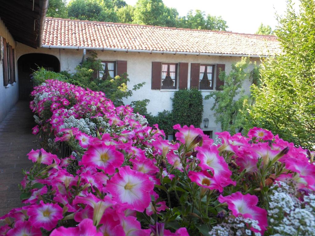 un jardin avec des fleurs roses en face d'une maison dans l'établissement Agriturismo Cassinazza, à Orsenigo
