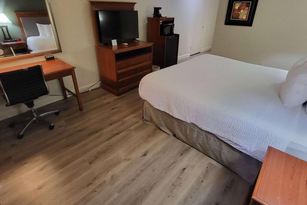 a bedroom with a bed and a desk and a television at Ramada by Wyndham Houston Intercontinental Airport East in Humble