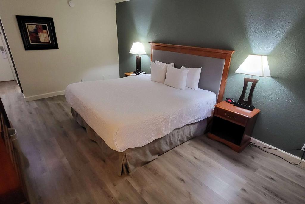 a large bed in a hotel room with two lamps at Ramada by Wyndham Houston Intercontinental Airport East in Humble
