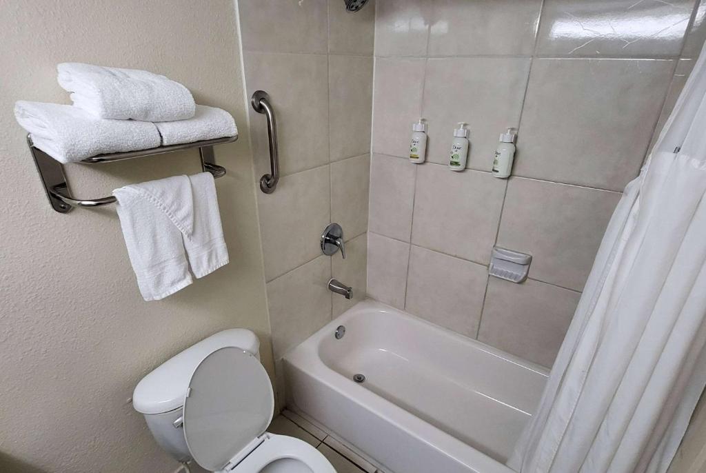 a bathroom with a shower and a toilet and a tub at Ramada by Wyndham Houston Intercontinental Airport East in Humble