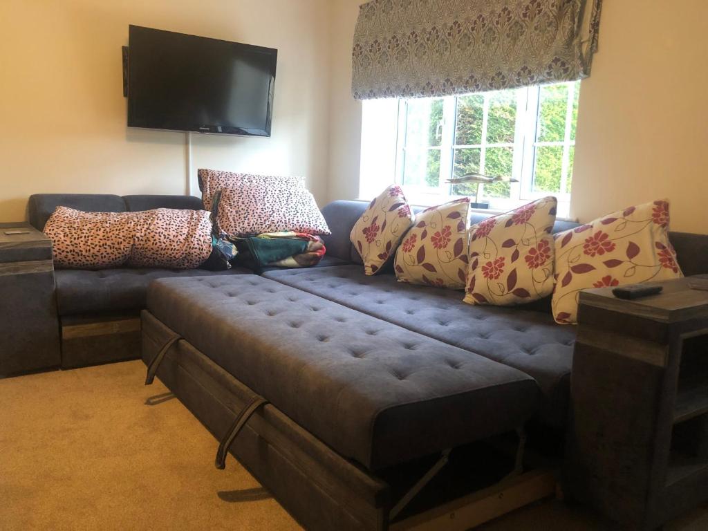 sala de estar con sofá azul y almohadas coloridas en Entire guest suite with gated property, en Broad Blunsdon