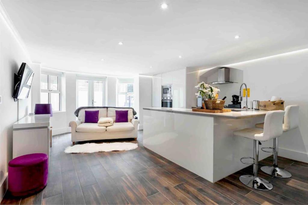- une cuisine et un salon avec un canapé et un comptoir dans l'établissement Luxury 1 bed apartment - Wanstead Village, à Londres