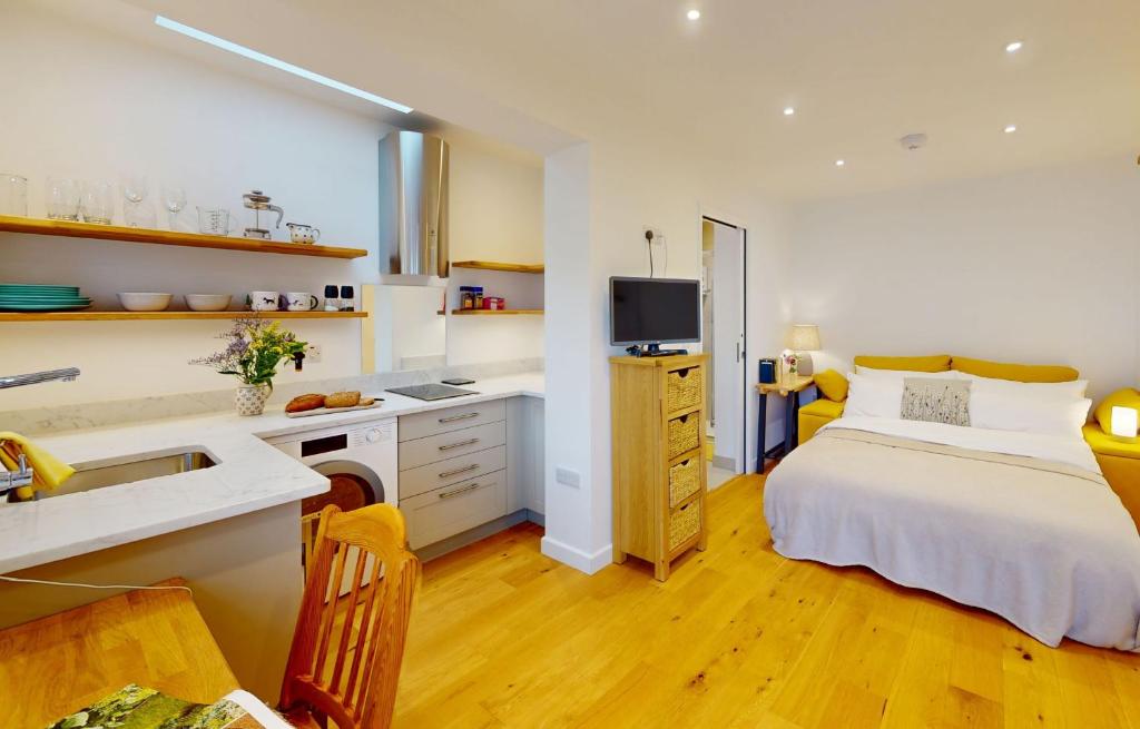 Il comprend une chambre avec un lit et une cuisine avec un évier. dans l'établissement The Conifer Studio, à Oxford