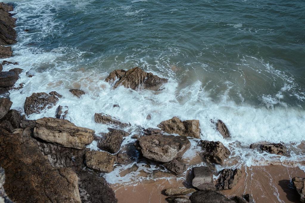 an aerial view of the ocean with rocks and water at João Jungle in Açafora