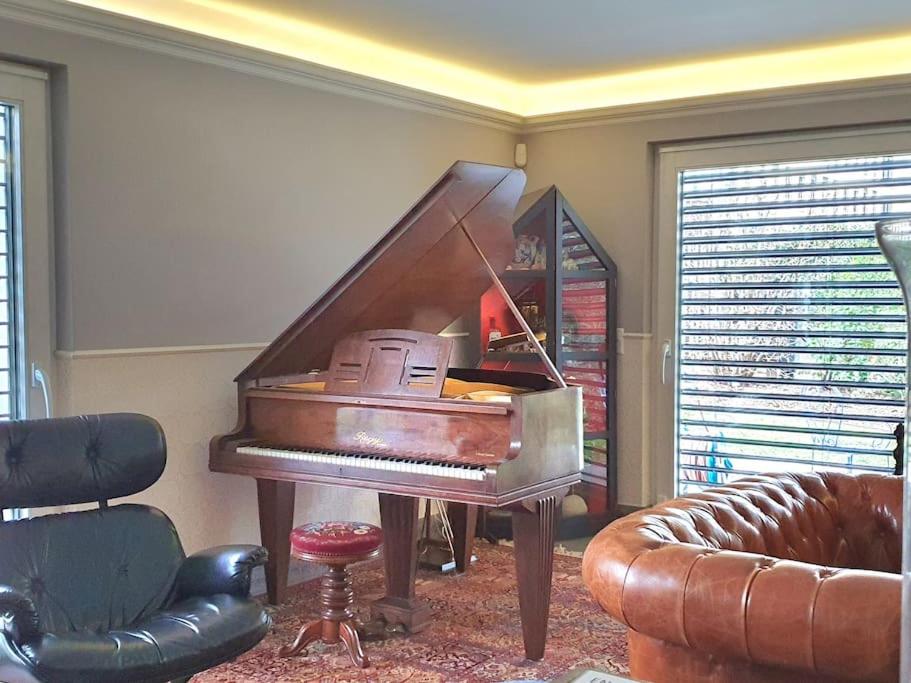 Duplex, piano, billard, ping-pong, jardin, jacuzzi en été في جنيف: بيانو في غرفة المعيشة مع أريكة