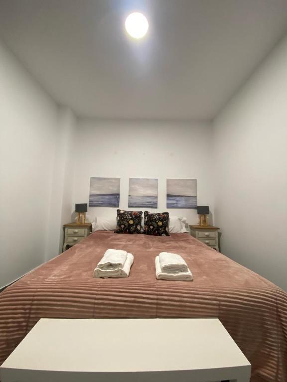 een slaapkamer met een groot bed met 2 kussens bij Plaza España Familiar in Sevilla