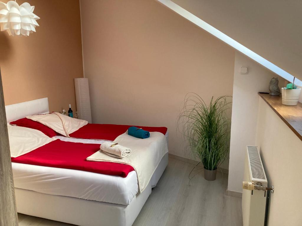 a bedroom with a bed with a red blanket at Esztergom apartman in Esztergom