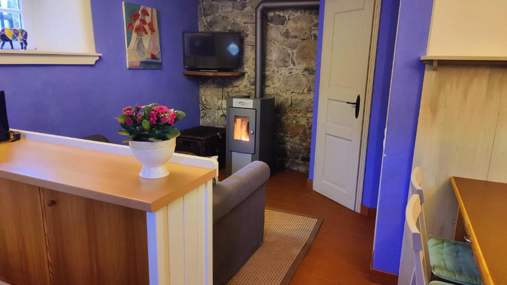 een woonkamer met paarse muren en een tafel met bloemen bij Idyllische Alte Schmiede beim Sorpesee in Melschede