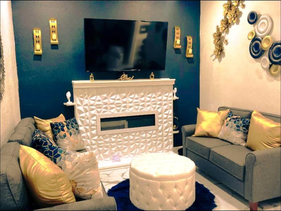 a living room with a couch and a fireplace at Beautiful Queen Luxury Suite Near Downtown Norfolk in Norfolk
