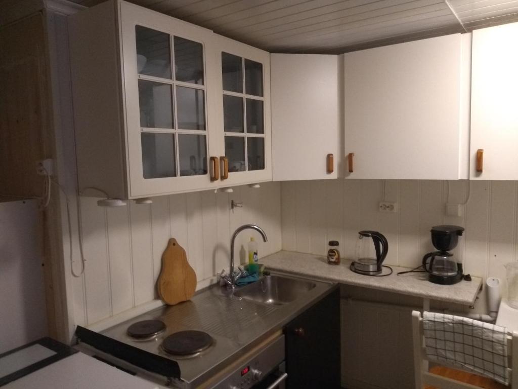 een keuken met witte kasten en een wastafel bij Frivoll, 35 minutes walk to town. in Arendal