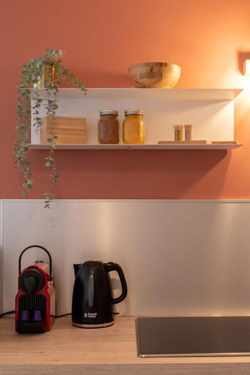 a kitchen counter with a tea kettle and shelves at Vieux Lille -Nice studio neat and fully equipped ! in Lille