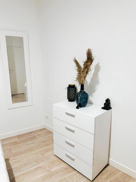 - une commode blanche dans une pièce blanche avec un miroir dans l'établissement Le Maçonnais - HYPER CENTRE MACON - PARKING GRATUIT - A 600m DE LA GARE, à Mâcon