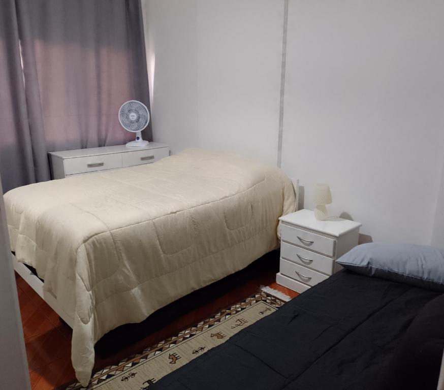 1 Schlafzimmer mit 2 Betten, einem Schreibtisch und einem Ventilator in der Unterkunft Copacabana -Cidade maravilha in Rio de Janeiro