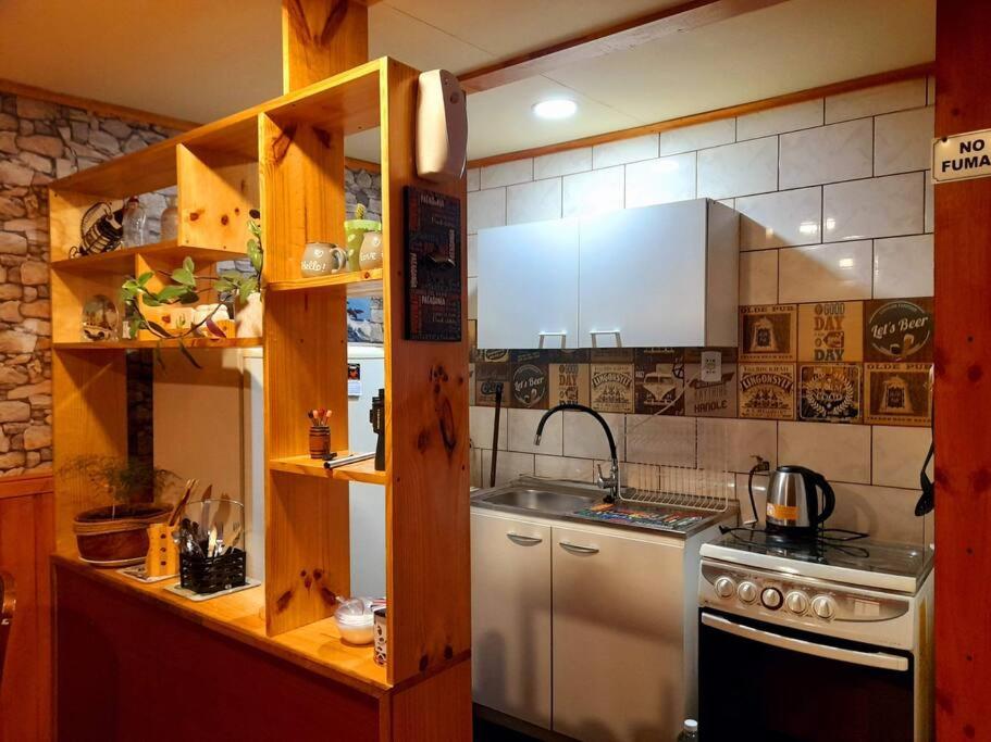 a kitchen with a sink and a stove at Cabaña León in Puerto Natales