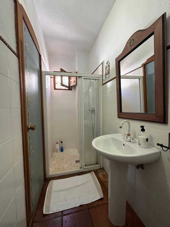 y baño con ducha, lavabo y espejo. en Habitación con baño privado, en Granada