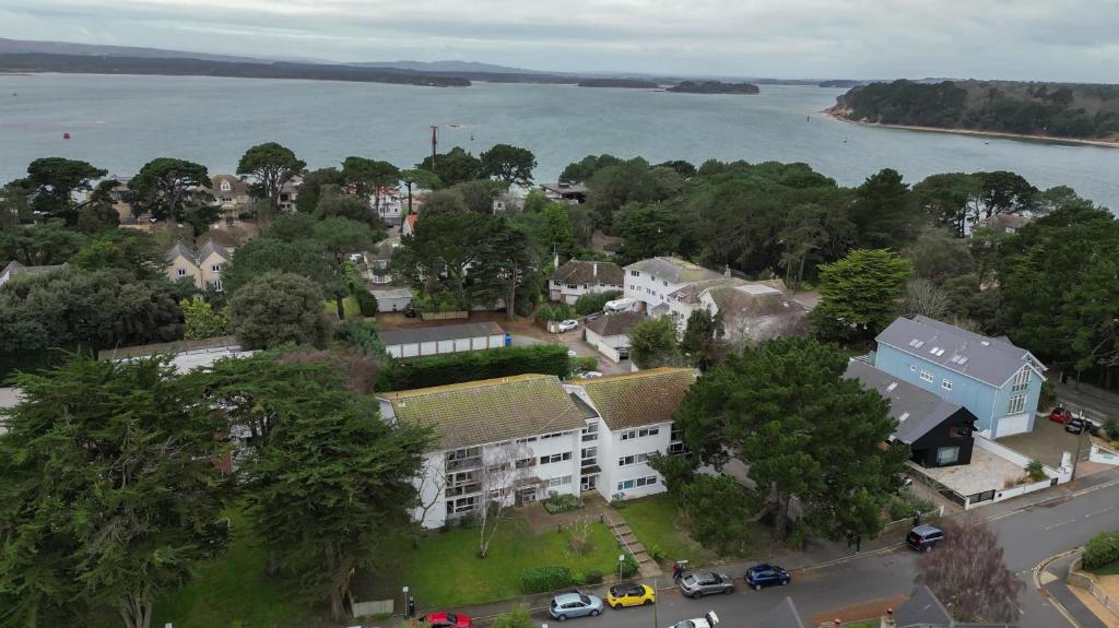 an aerial view of a town next to the water at Fairwinds in Sandbanks