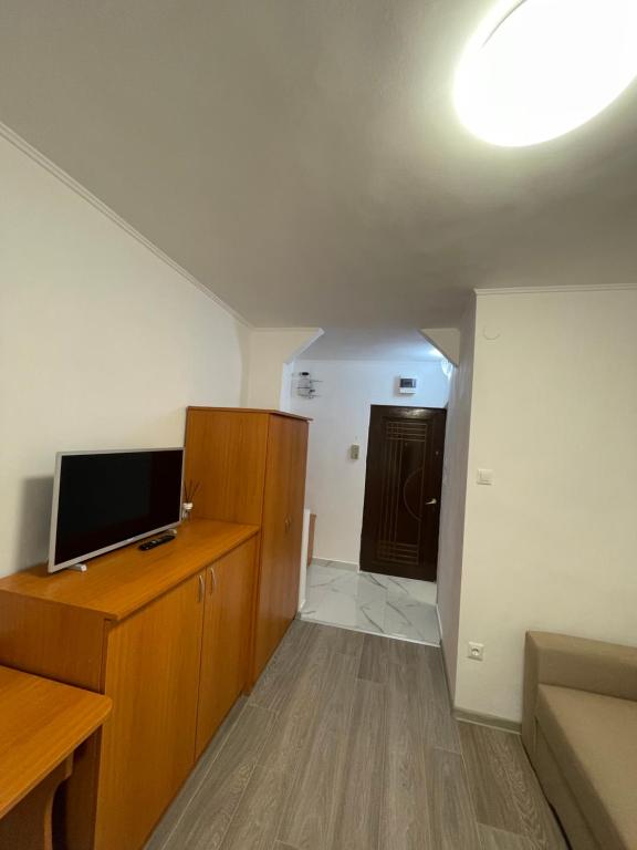 a living room with a television and a wooden cabinet at Apartament cu o camera in Oradea