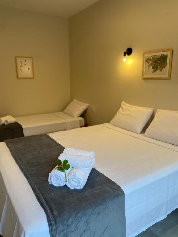 two beds in a room with towels on them at Pousada Mãe Natureza in Pirenópolis