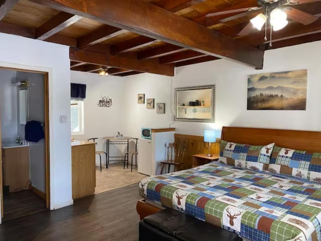 a bedroom with a large bed and a kitchen at The Washoe Lodge in South Lake Tahoe