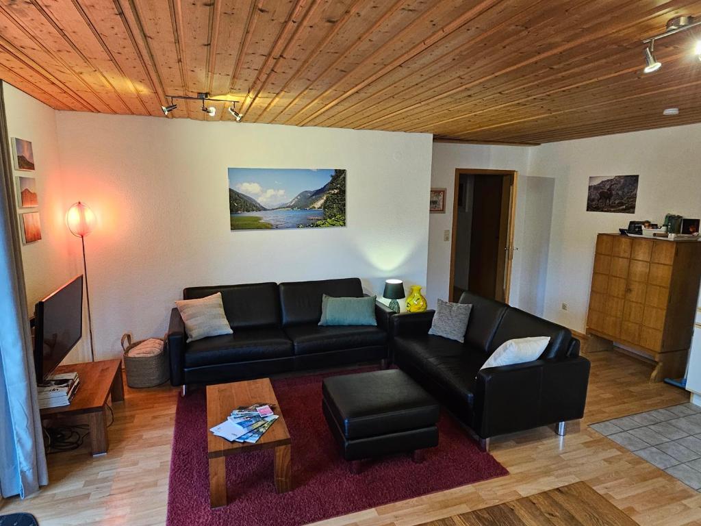 a living room with a couch and a table at Jungholz Erlebnis in Jungholz